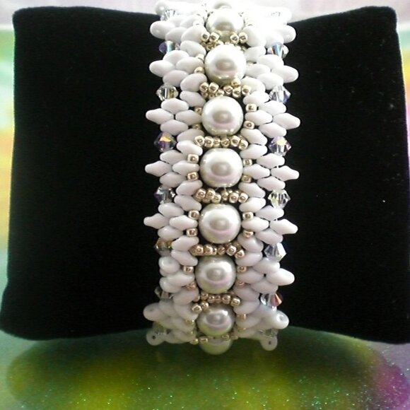 Jazzy Dazzle Jewelry Jewelry - Genesis Pearl Wedding Bracelet; Hand Beaded, Couture, Wedding, White Pearls